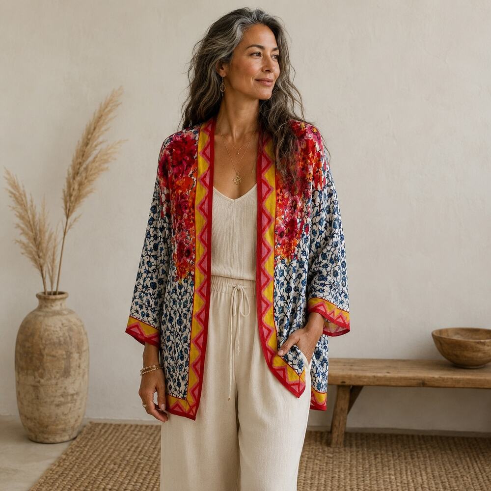 Blank London Blue White Multicolor Floral Kimono One Size